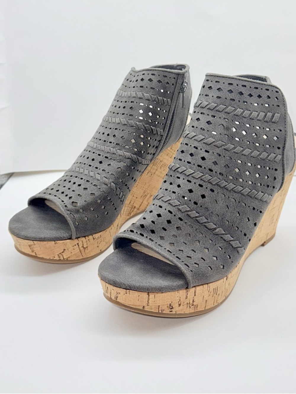 Fergalicious Gray Perforated Suede Cork Wedge Sandals - Picture 11 of 12